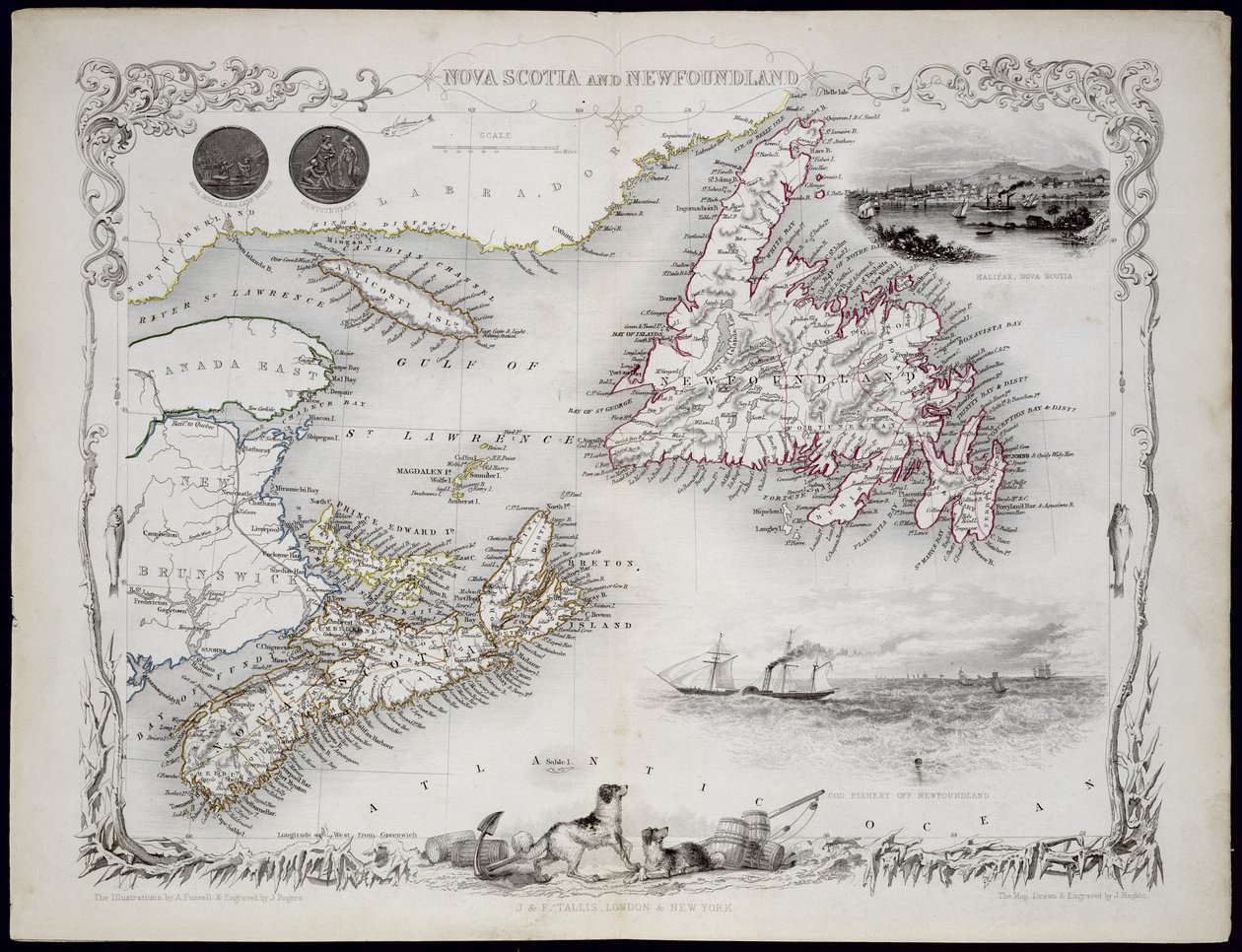 Nuova Scozia e Terranova, da una serie di mappe del mondo pubblicate da John Tallis und Co., New York e Londra, 1850s da John Rapkin