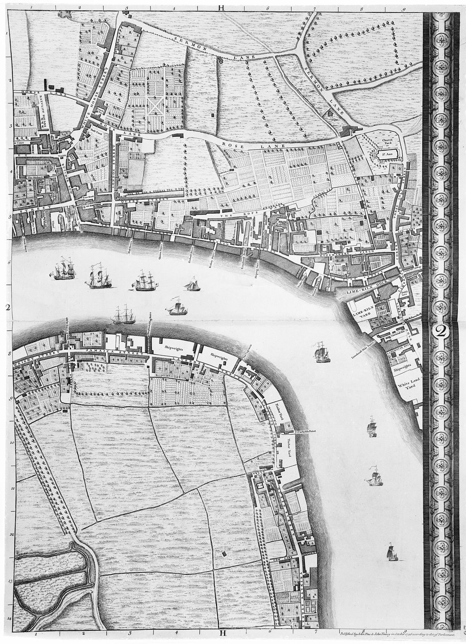 Mappa di Limehouse e Rotherhithe, Londra, 1746 da John Rocque