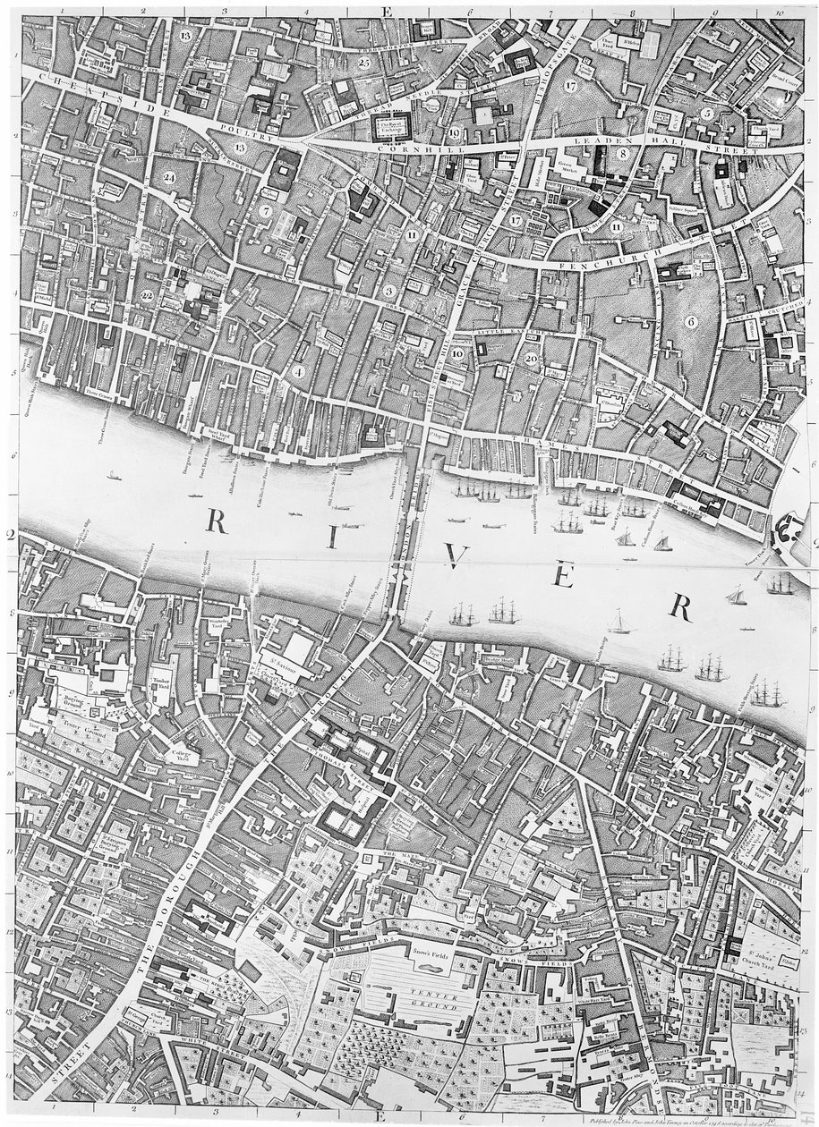 Mappa del Vecchio Ponte di Londra, Londra, 1746 da John Rocque