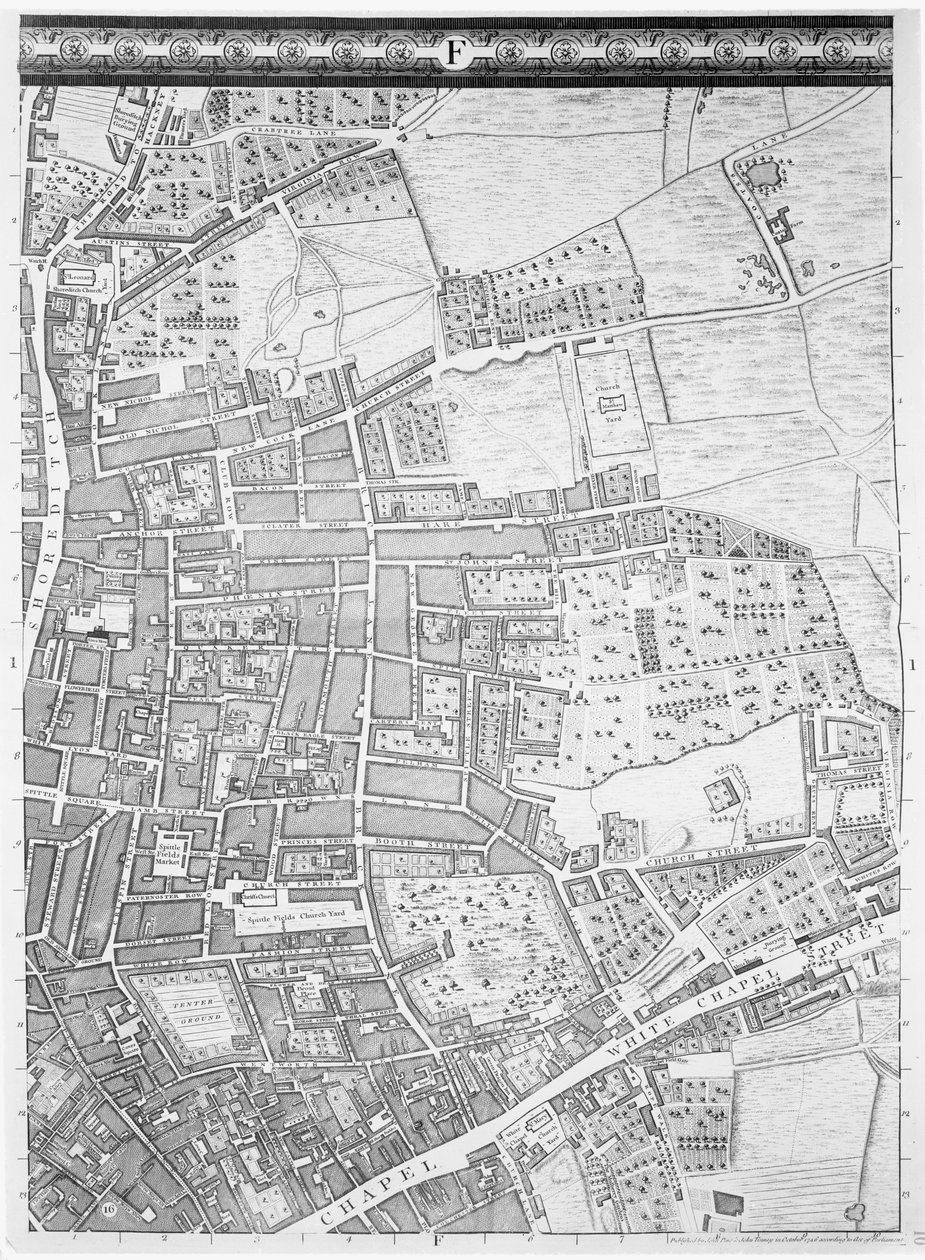 Mappa di Shoreditch e Whitechapel, Londra, 1746 da John Rocque