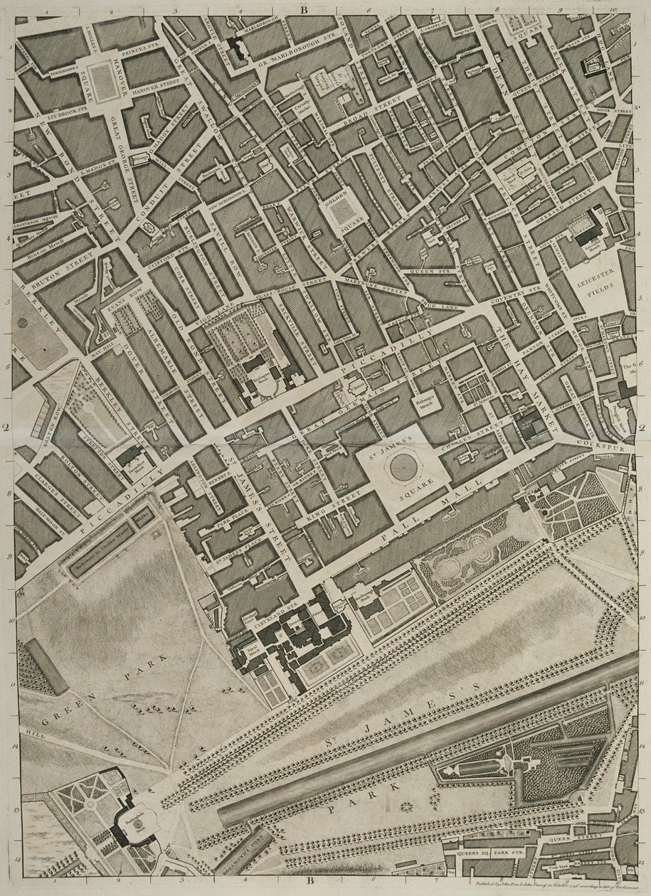 Piano delle città di Londra e Westminster e del borgo di Southwark, inciso da John Tinney, pub. 1746 da John Rocque
