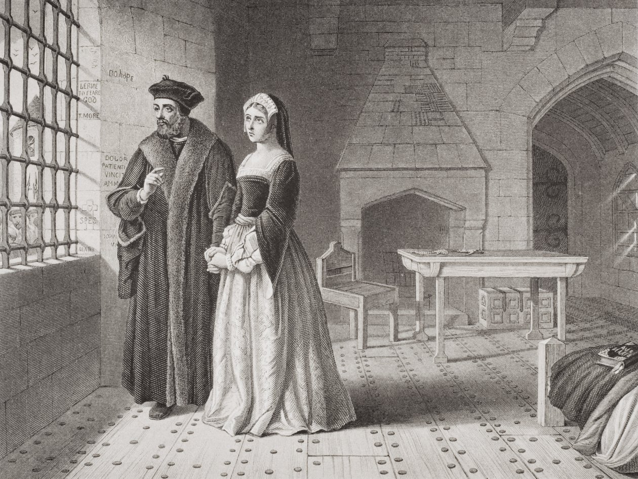 Sir Thomas More (1477-1535) e sua figlia Margaret, osservano i monaci andare all