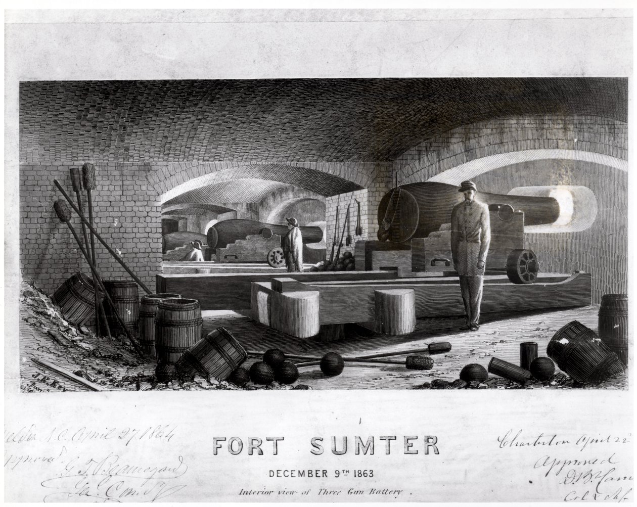 Fort Sumter, vista interna di una batteria a tre cannoni, dicembre 1863 da John Ross Key