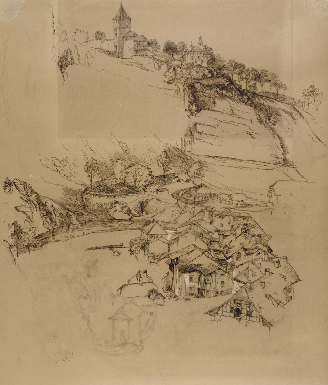 Friburgo, Svizzera: Schizzo a penna, luglio o agosto - settembre 1856 da John Ruskin