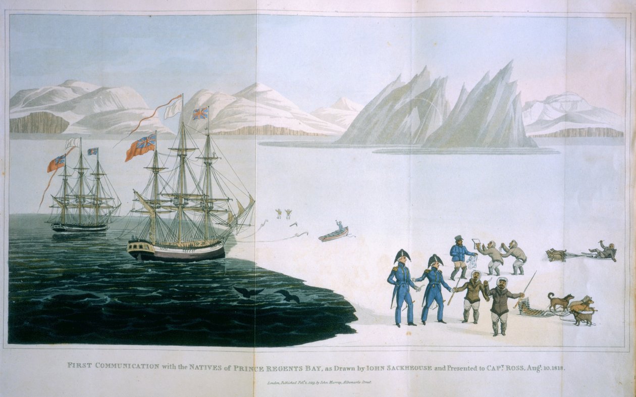 Primo contatto con i nativi della Baia del Principe Reggente, 10 agosto 1818, pubblicato da John Murray, Londra, 1819 da John Sackhouse