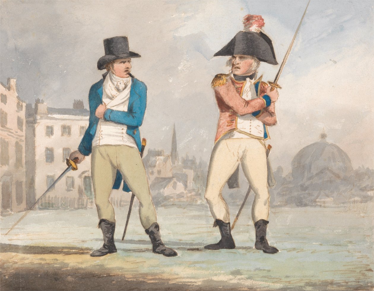 Caricatura di due uomini con spade sguainate (una di un set di tre) da John Sell Cotman