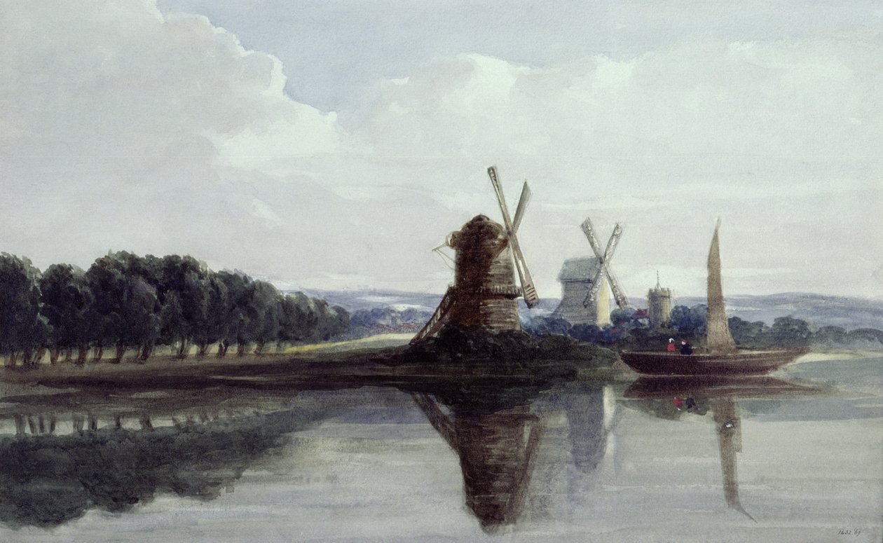 Mulini a Vento lungo un Fiume, XIX secolo da John Smeaton Chase