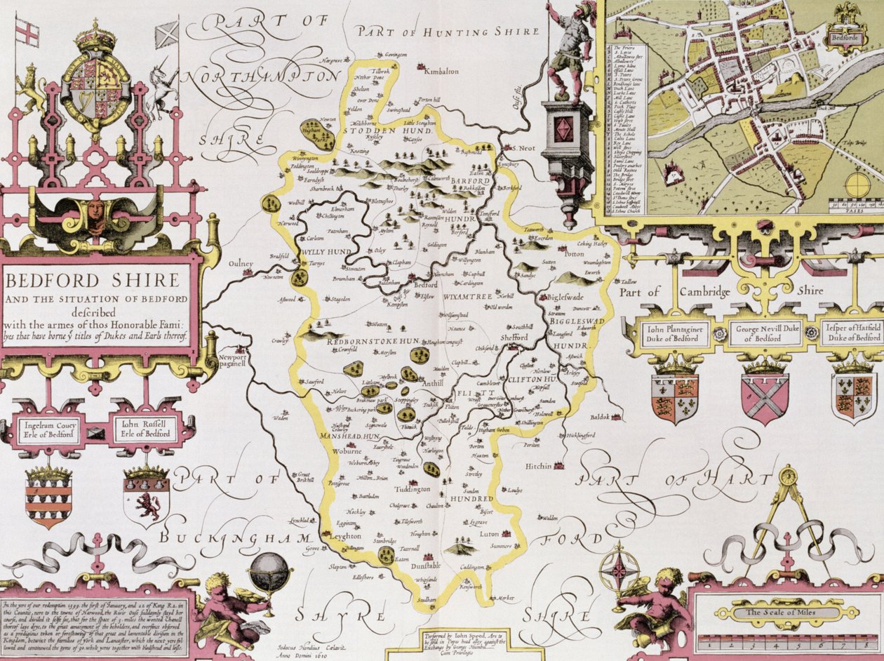 Bedfordshire e la situazione di Bedford, inciso da Jodocus Hondius (1563-1612) dal 