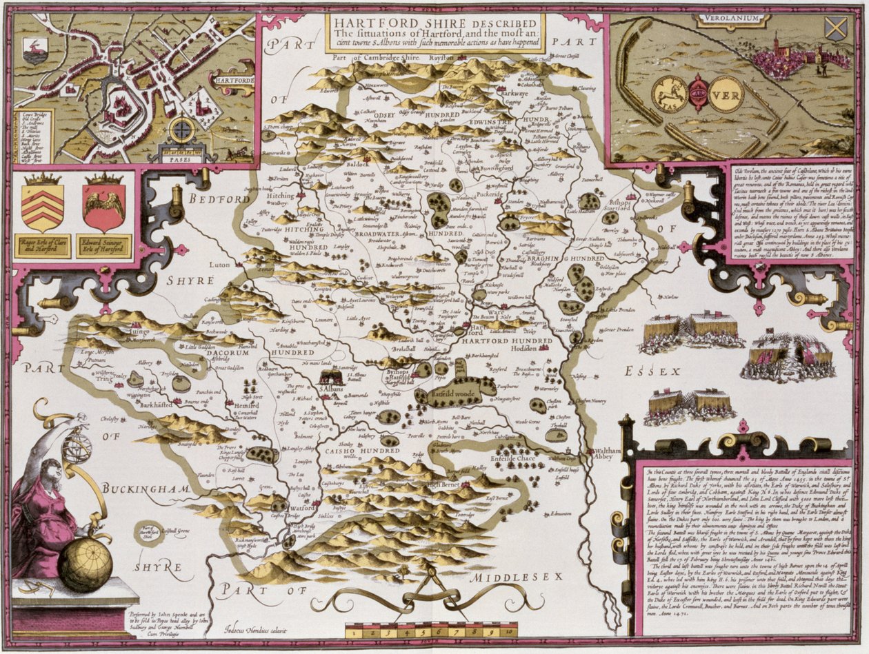 Hartfordshire e la situazione di Hartford, inciso da Jodocus Hondius (1563-1612) dal 