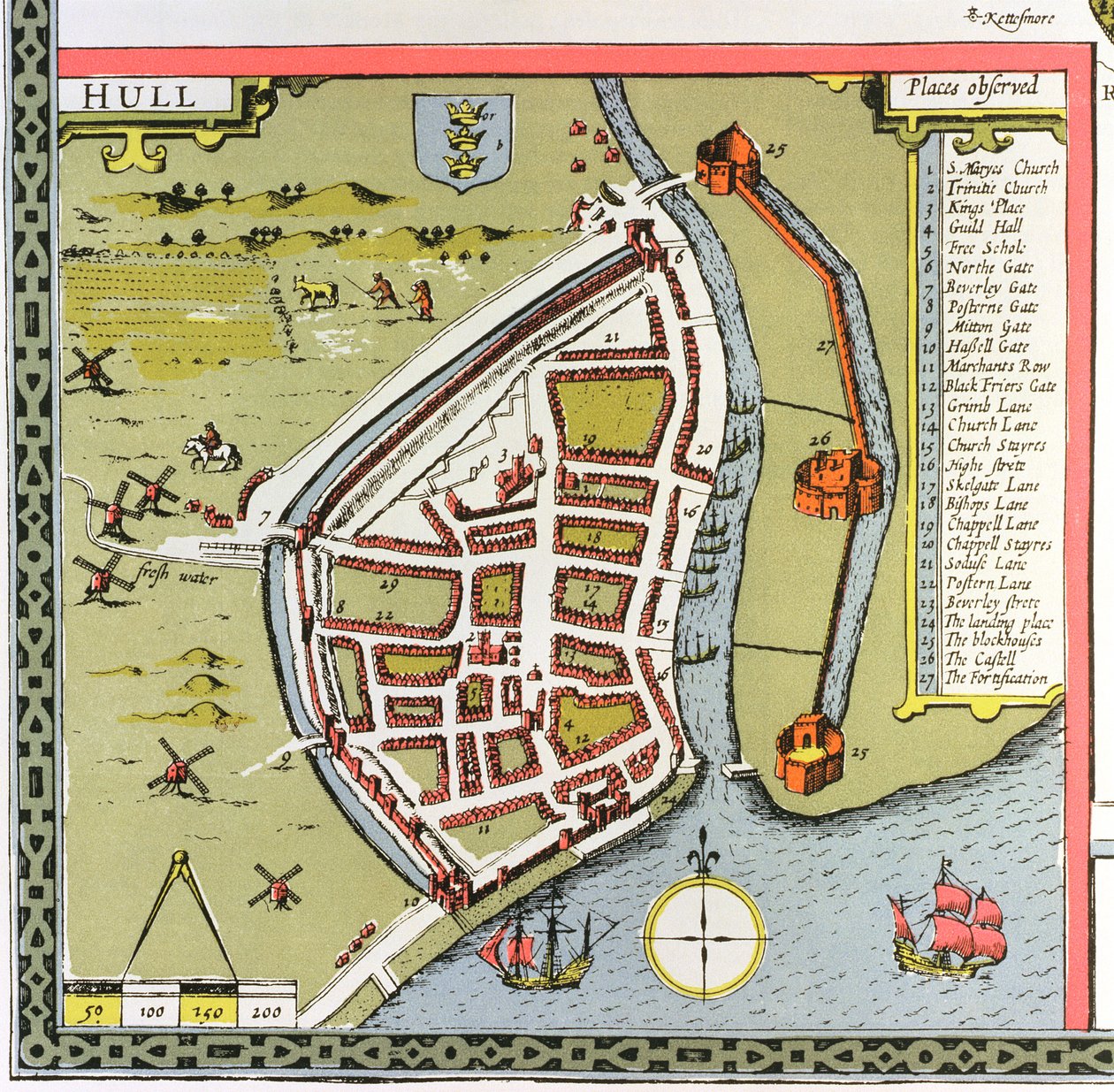 Hull, dettaglio dalla mappa del North and East Ridings of Yorkshire, inciso da Jodocus Hondius (1563-1612) da 