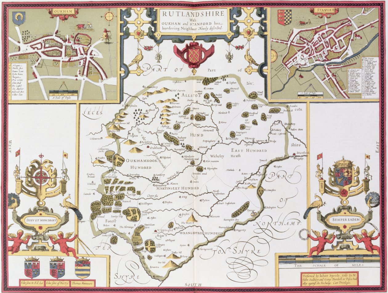 Rutlandshire con Oukham e Stanford, inciso da Jodocus Hondius (1563-1612) da 