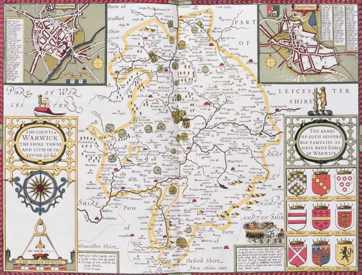 La contea di Warwick, la città di Coventry, incisa da Jodocus Hondius dal 