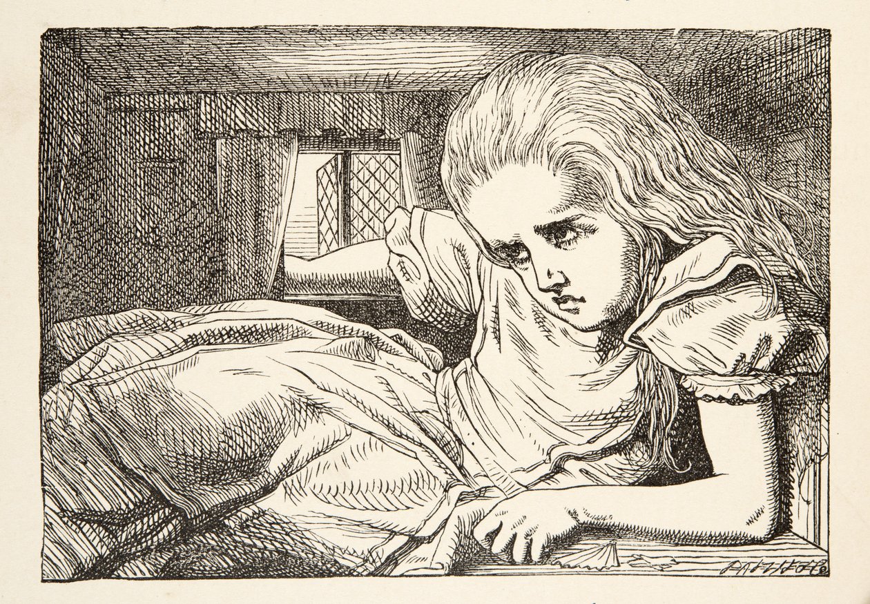Alice cresce troppo per la stanza, da Le Avventure di Alice nel Paese delle Meraviglie di Lewis Carroll, pub. 1891 da John Tenniel