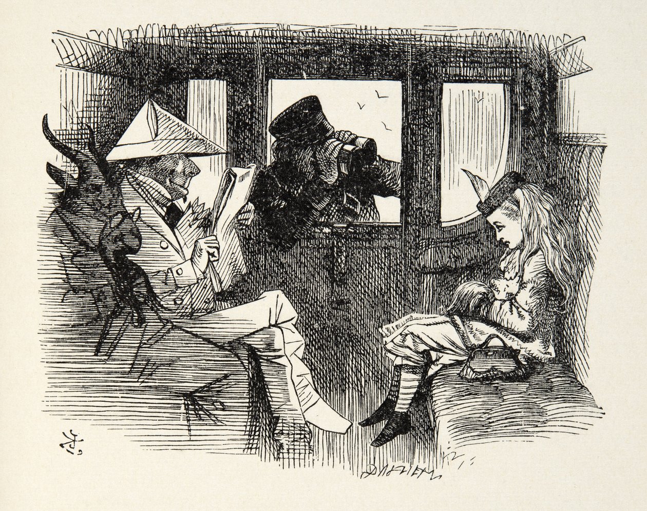 Alice nel Vagone del Treno, illustrazione da Attraverso lo Specchio di Lewis Carroll, 1872 da John Tenniel