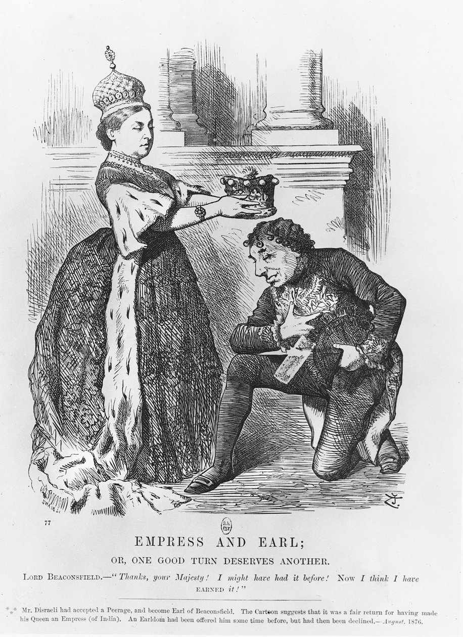 Disraeli insignito di un titolo nobiliare dalla regina Vittoria nel 1876 da John Tenniel