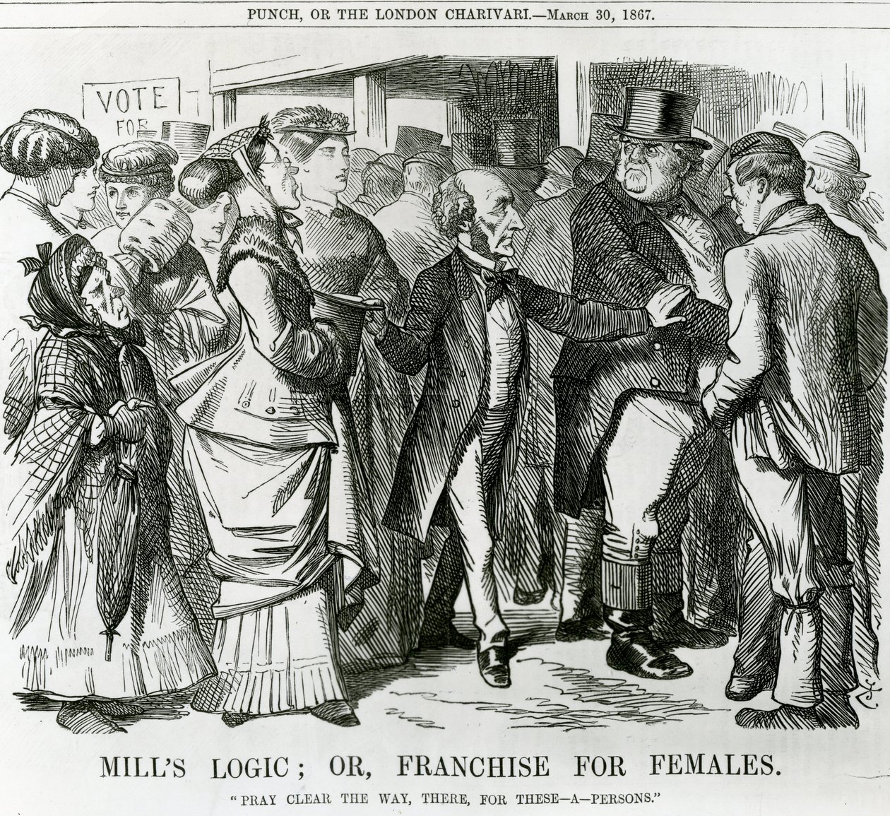 La logica di Mill: o, il suffragio per le donne, vignetta da Punch, Londra, 1867 da John Tenniel