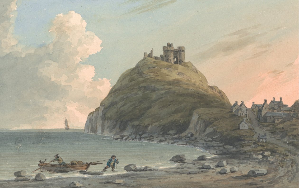 Rovine del castello di Cricceith e parte della città sulla baia di Cardigan. Vista est, Carnarvonshire da John Warwick Smith