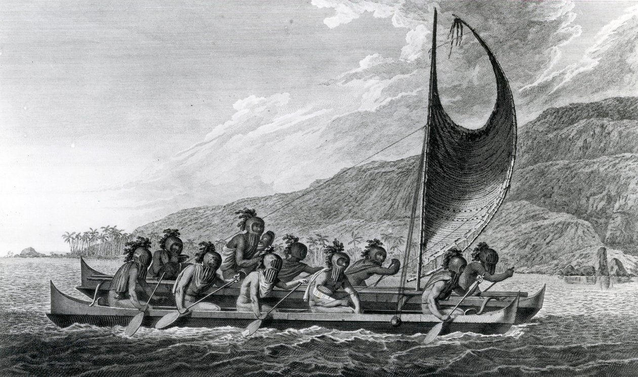 Una canoa delle Isole Sandwich, con i rematori mascherati, 1784 da John Webber
