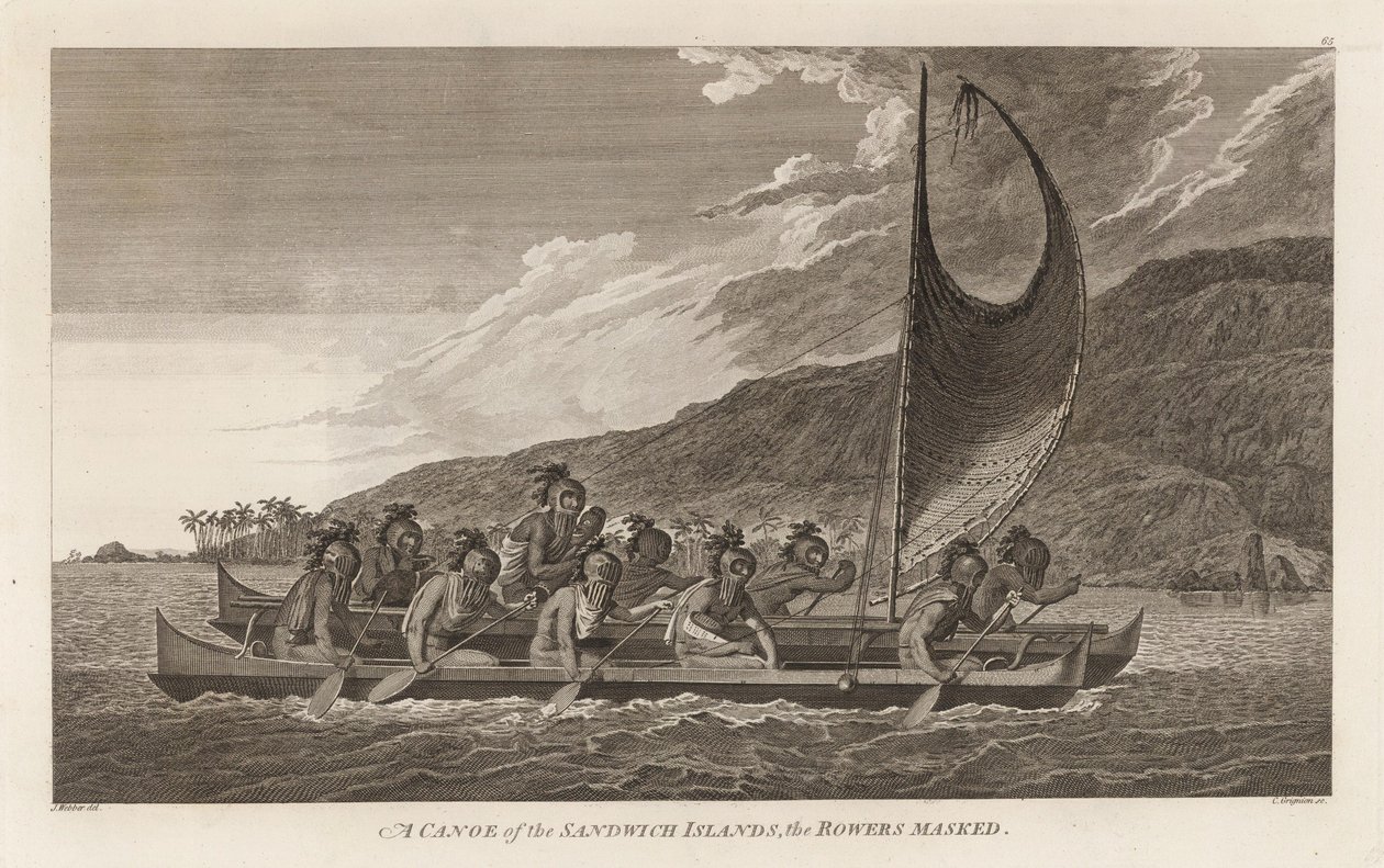Sacerdoti che attraversano la baia di Kealakekua per i rituali di primo contatto da John Webber