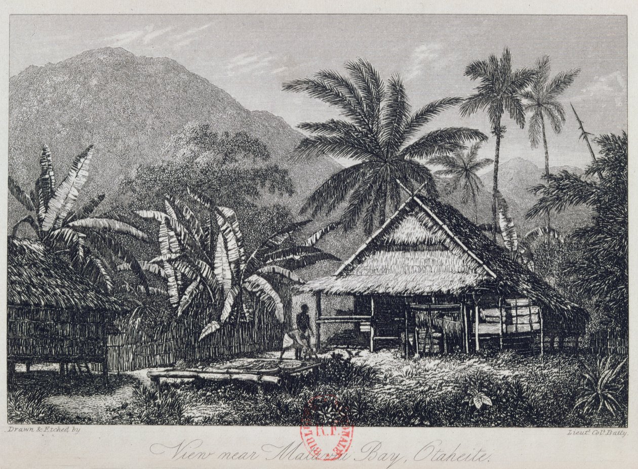 Veduta vicino alla baia di Matavai, Otaheite, inciso dal tenente colonnello Batty, da un resoconto del viaggio della HMS Bounty di John Barrow, 1835 da John Webber