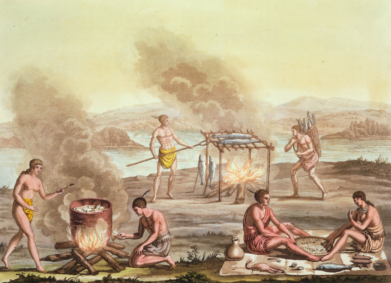 Nativi indigeni della Florida che preparano e cucinano cibo da John White