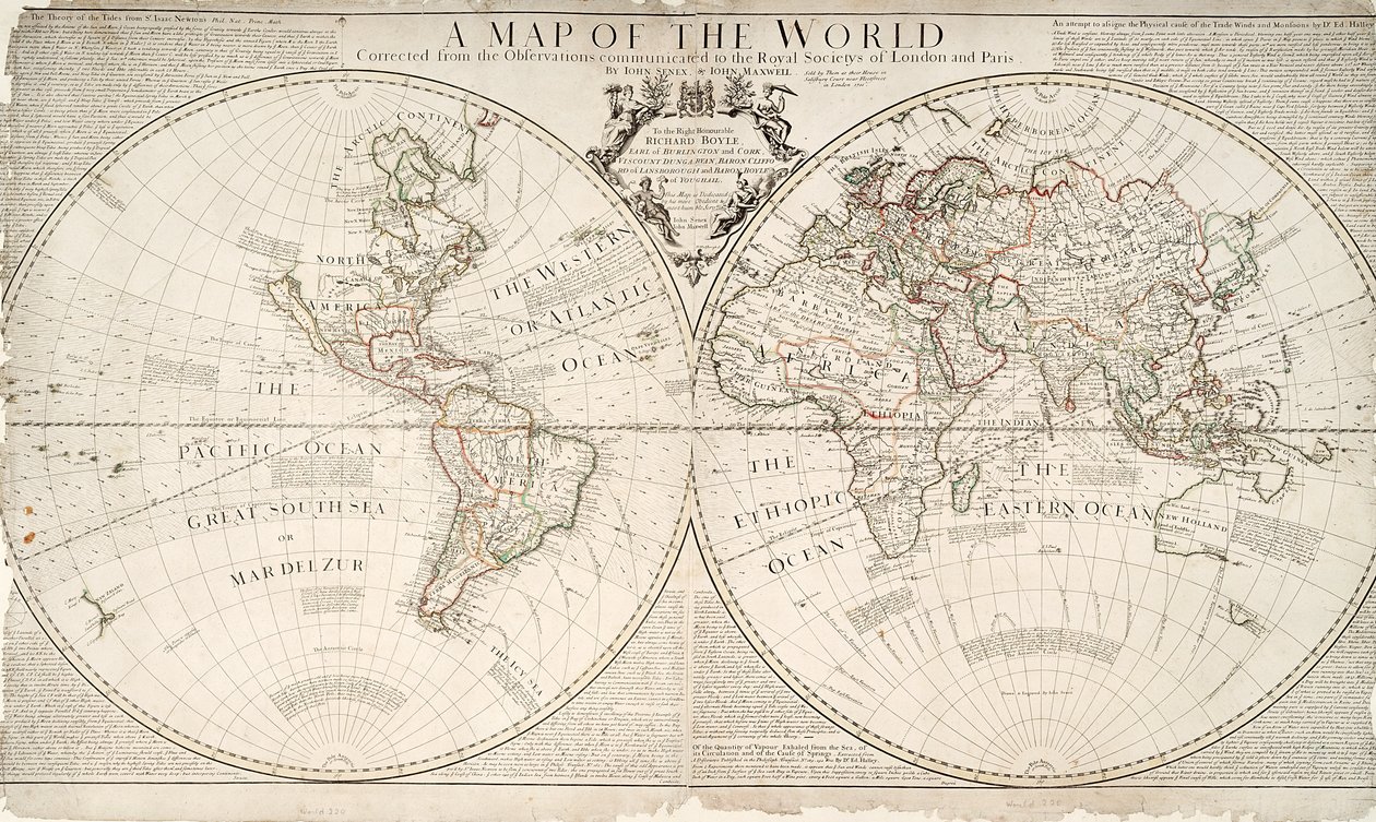 Mappa del mondo, corretta dalle osservazioni comunicate alle Società Reali di Londra e Parigi, al Diritto Onorevole Richard Boyle, 1711 da John Senex