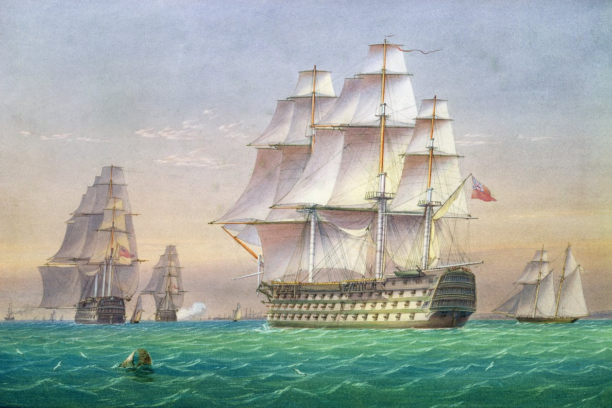 Tre navi di linea di primo rango che entrano nel porto di Portsmouth da John and William Joy
