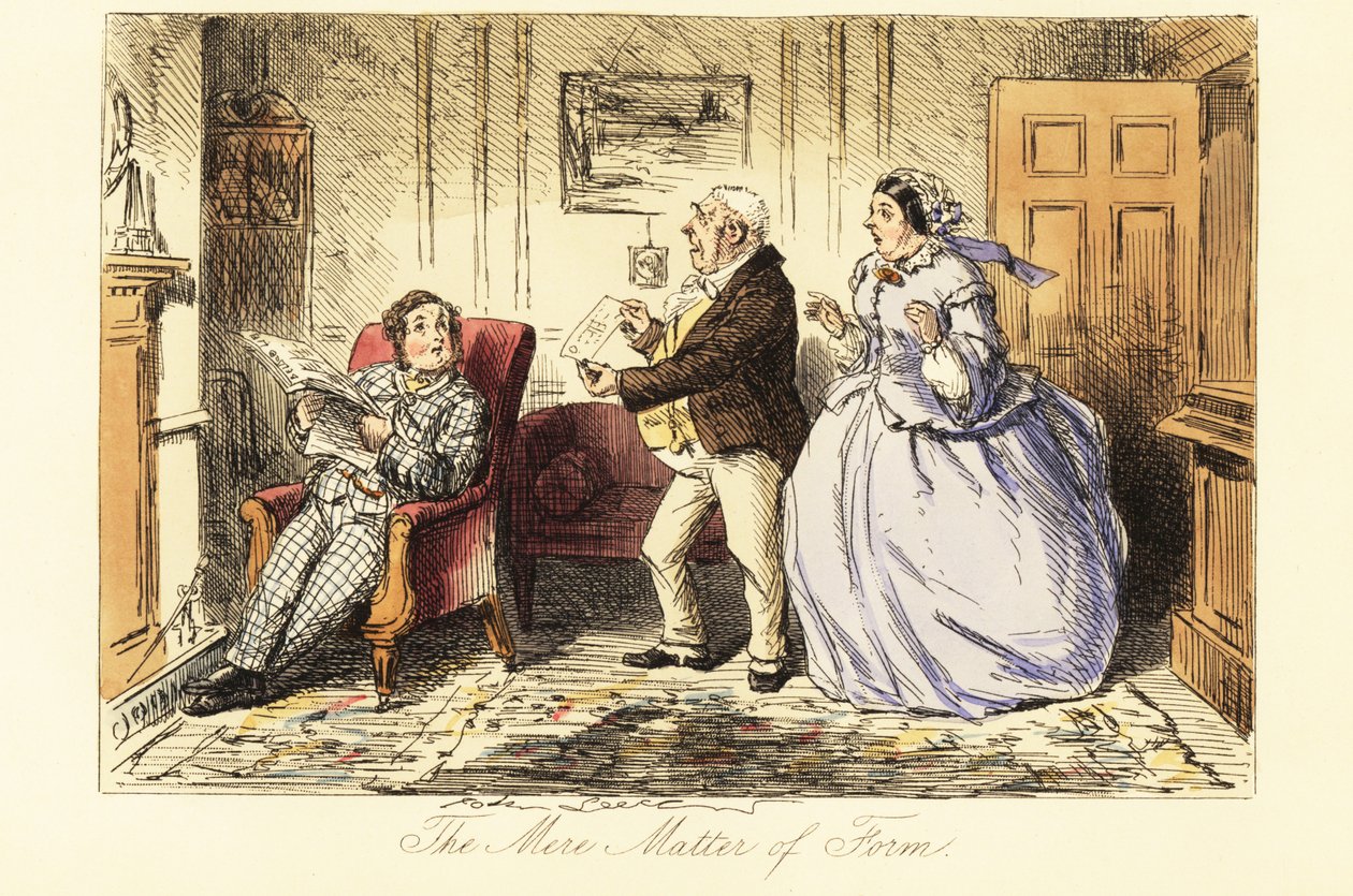 Gentiluomo inglese che si rilassa in un salotto davanti al camino con i suoi genitori indignati da John (after) Leech