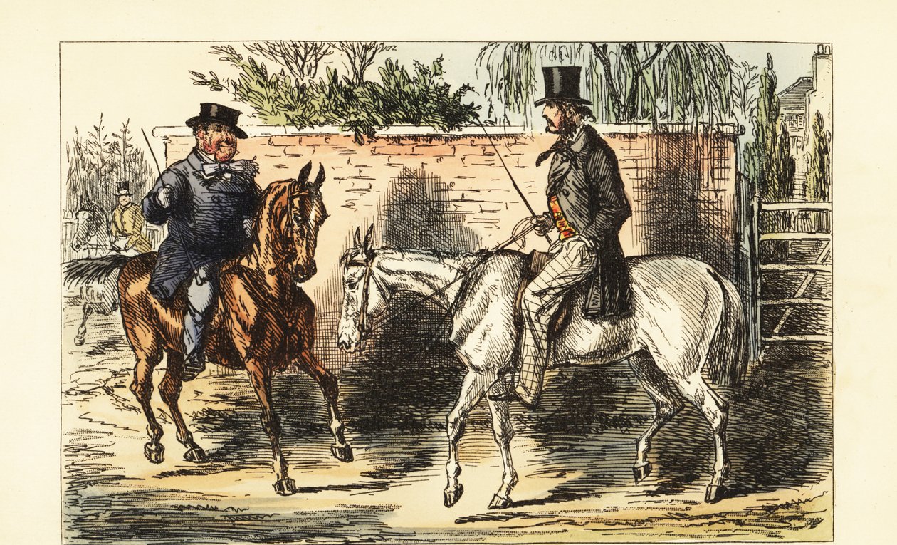 Gentiluomo inglese su un vecchio cavallo rifiutato da un uomo su un cavallo baio da John (after) Leech