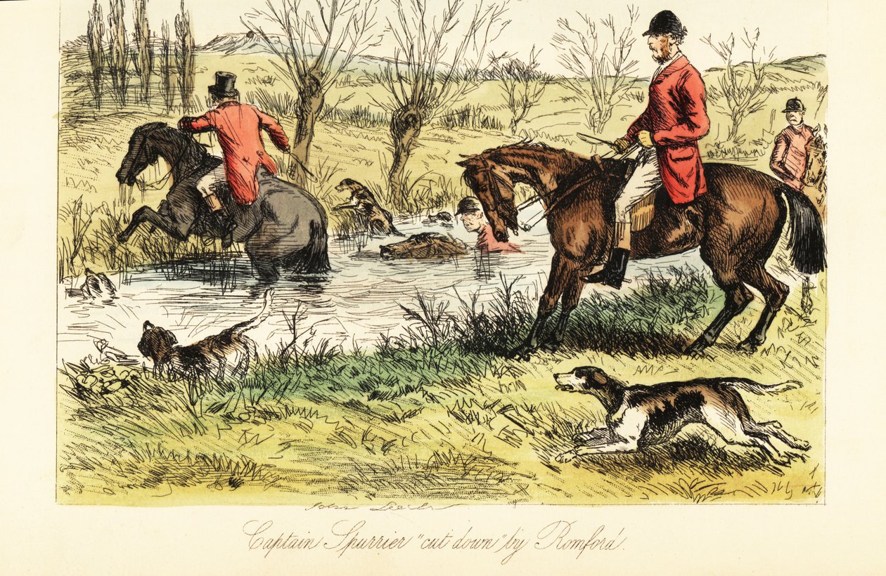 Cacciatore inglese che attraversa un fiume con cani da caccia da John (after) Leech