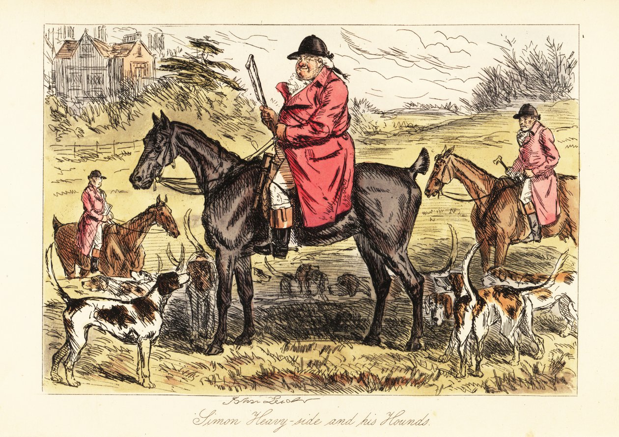 Cacciatore inglese in abiti da caccia seduto su un cavallo con un branco di cani da caccia da John (after) Leech