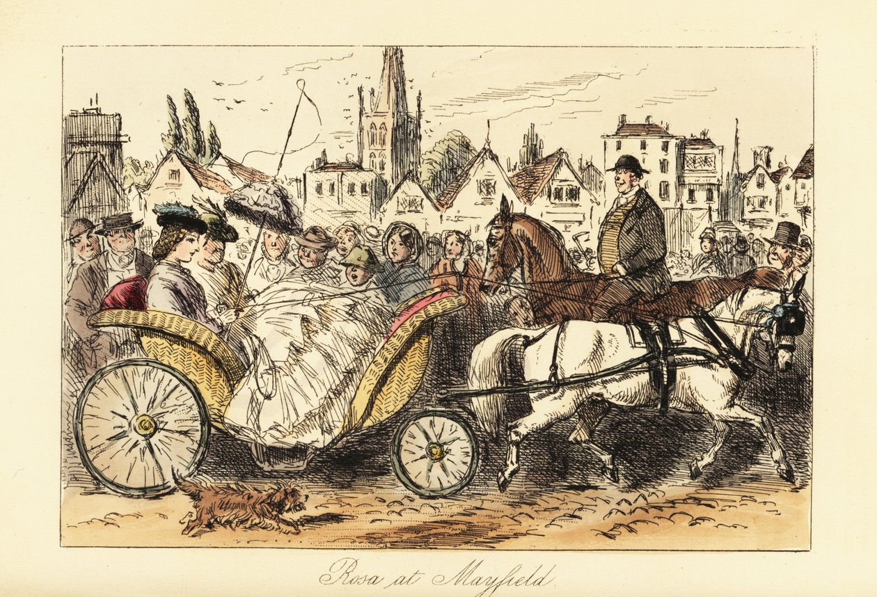 Signora inglese in abito crinolina con parasole guida un carretto trainato da pony per le strade affollate di una piccola città da John (after) Leech