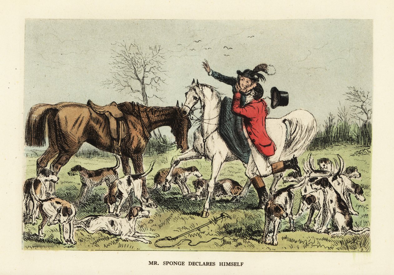 Cacciatore in abiti da caccia che abbraccia una donna su un cavallo da John (after) Leech