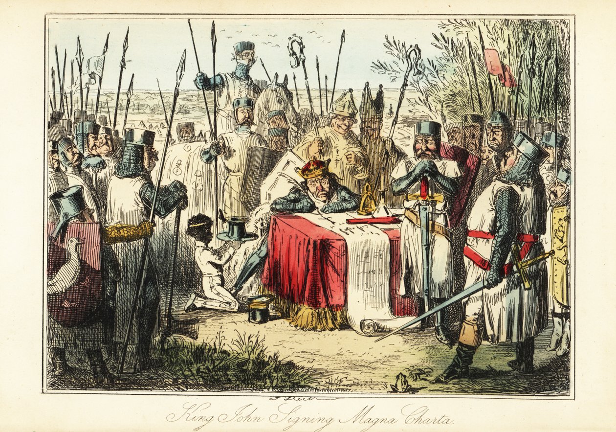 Re Giovanni circondato da baroni e vescovi che firma la Magna Carta a Runnymede da John (after) Leech