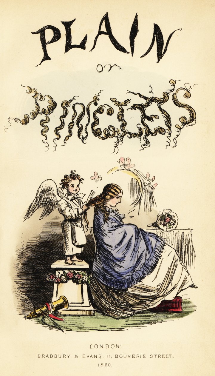 Pagina del titolo con titolo calligrafico e vignetta di cherubino alato parrucchiere che spazzola i capelli di una ragazza con un pettine da John (after) Leech