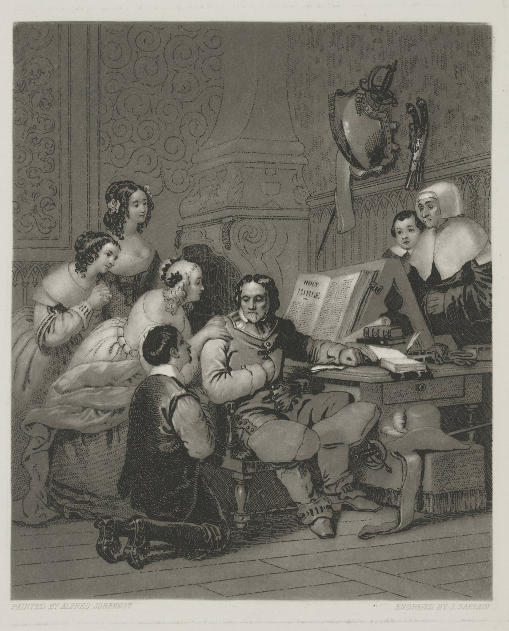 La famiglia di Cromwell che intercede per la vita di Carlo I, stampa di Alfred Johannot da John (after) Sartain