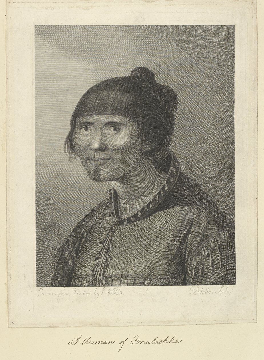 Una donna di Oonalashka. Disegnata dal vero da J. Webber e incisa da Jean-Marie Delatre. Disegno della testa e delle spalle di una donna che guarda tre quarti a sinistra. Indossa un cappotto aderente di pelle di foca dai cui cuciture pendono perline. da John (after) Webber