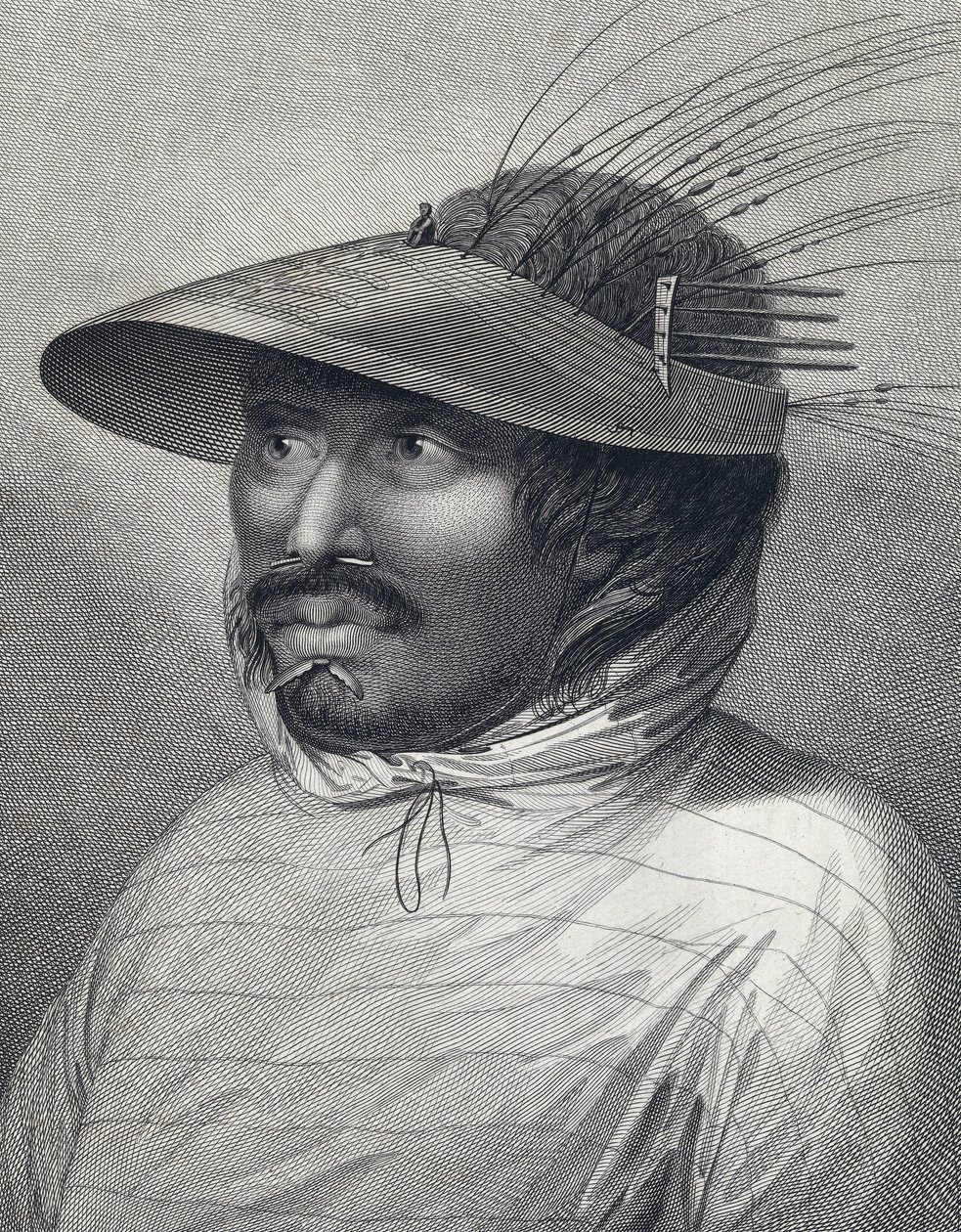 Ritratto di un uomo di Oonalashka (o Unalaska, Alaska, Stati Uniti). Incisione della fine del XVIII secolo, di William Sharp (?), dopo John Webber (1751-1793). da John (after) Webber