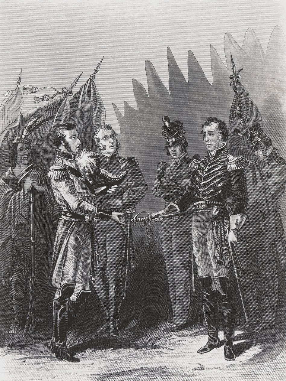 La resa del generale americano William Hull alle truppe britanniche e ai guerrieri nativi americani a Detroit, 15 luglio da Walter Charles Mills