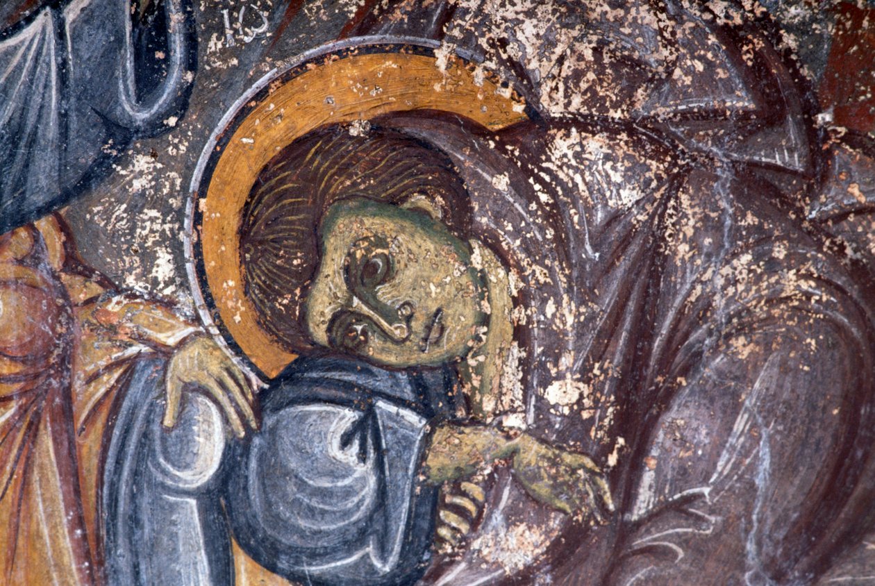 Figura di santo, di Ioannis Pagomenos, dettaglio di affresco nella chiesa bizantina di San Giorgio, Anidri, Creta, Grecia da Walter Charles Mills