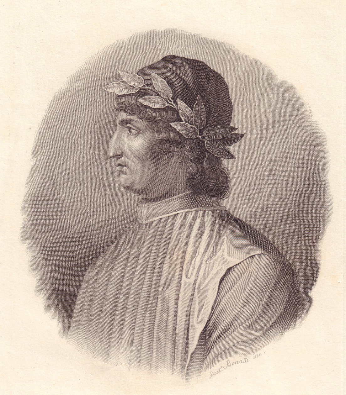 Ritratto del poeta e umanista italiano Angelo Ambrogini noto anche come Poliziano (1454-1494), incisione su rame di G Bonatti da Walter Charles Mills