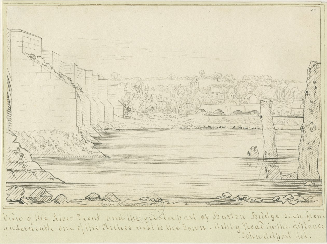Burton-upon-Trent - Ponte e Città (disegno a penna, nd c.1817) da John Allport