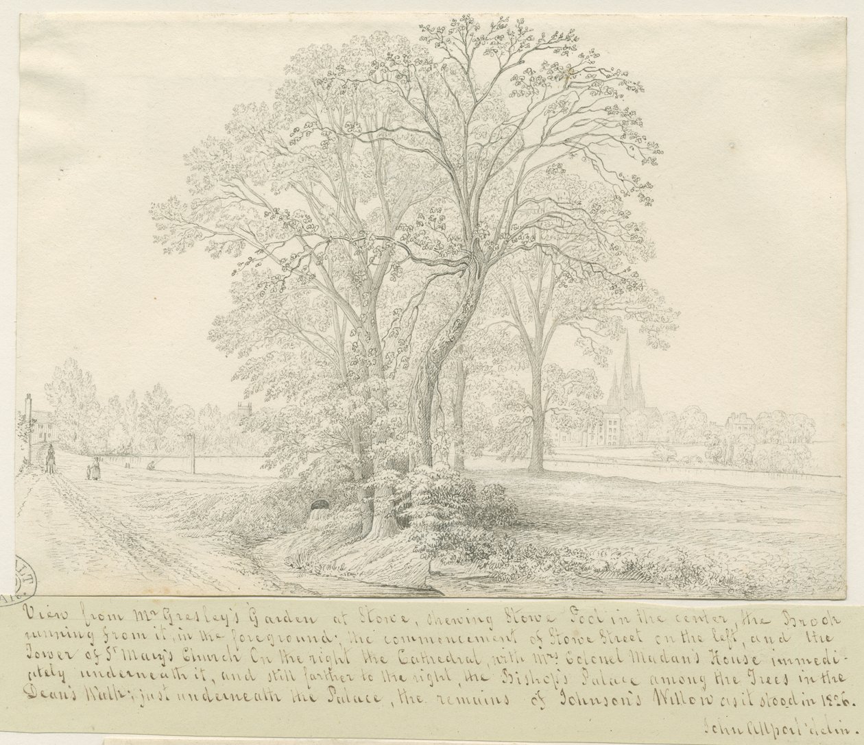 Lichfield - Vista attraverso Stowe Pool: disegno a penna, nd [1826] da John Allport