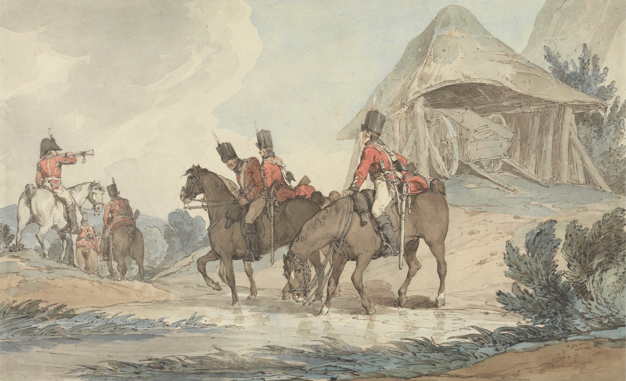 Cavalieri che attraversano un torrente, radunati da un trombettiere da John Augustus Atkinson