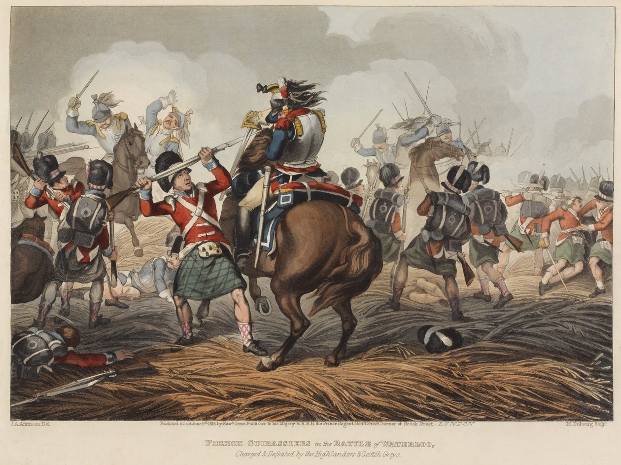 Corazzieri Francesi nella battaglia di Waterloo caricati e sconfitti dagli Highlanders e Scotch Greys, inciso da M. Dubourg, 1819 da John Augustus Atkinson