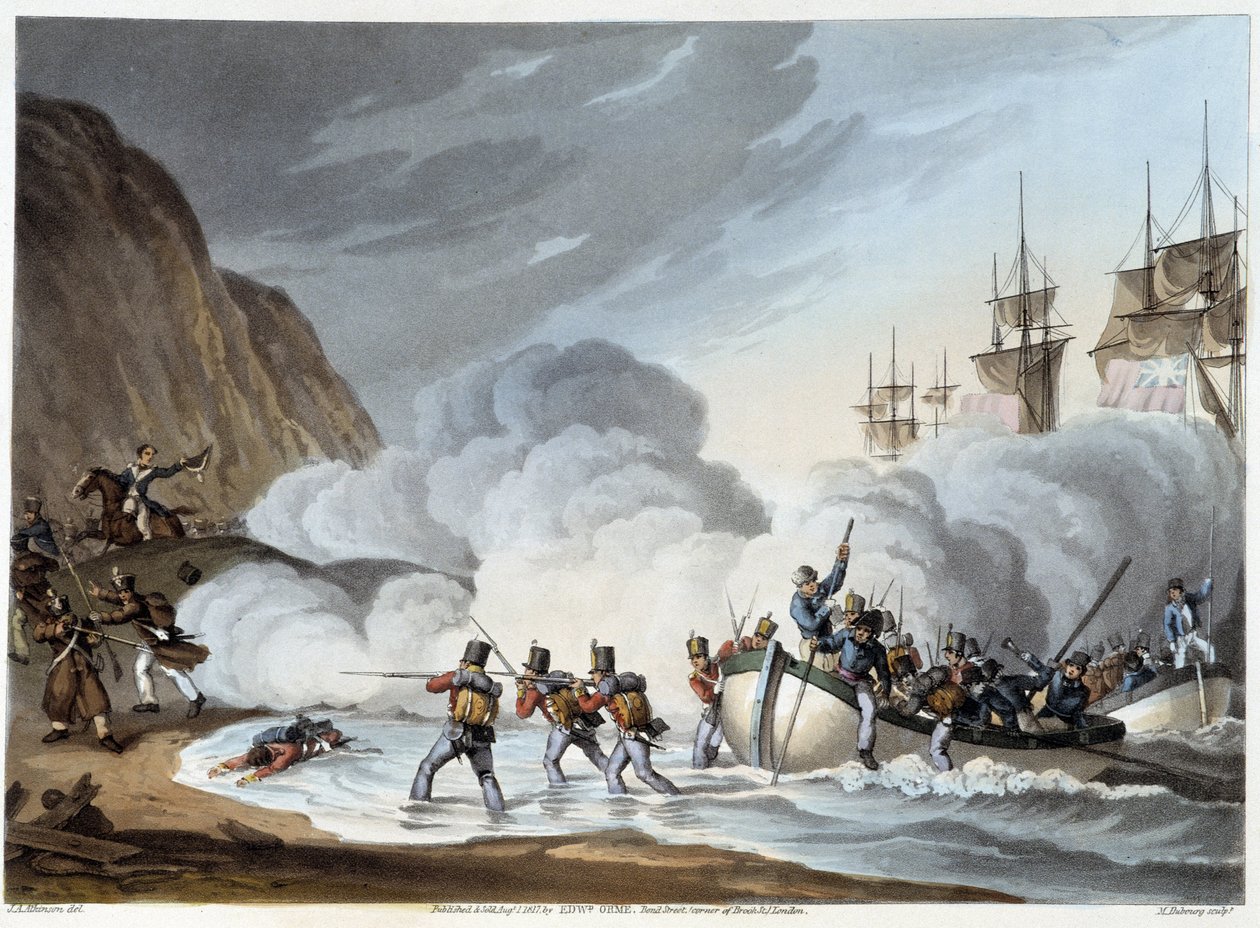 Sbarco delle truppe, inizio XIX secolo in Historical, Military and Naval Anecdotes... di Edward Orne da John Augustus Atkinson