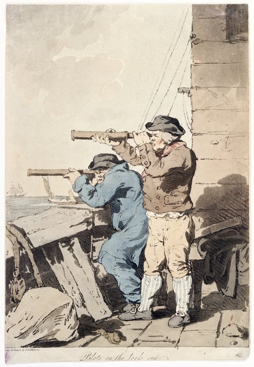 Due piloti in sorveglianza, ciascuno con il proprio telescopio, puntato verso il mare, dalla piattaforma di un edificio fortificato da John Augustus Atkinson