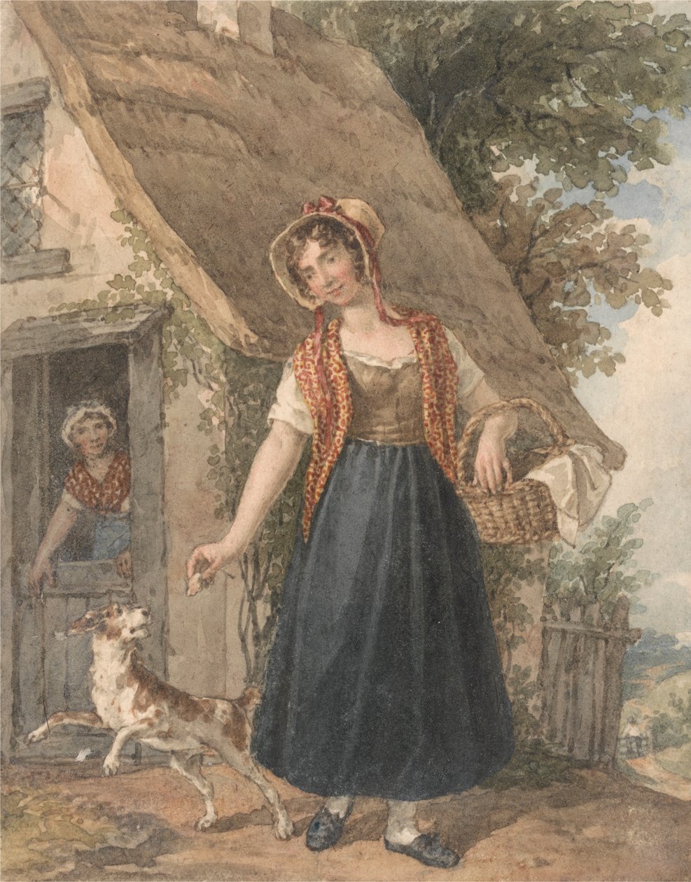 Giovane Donna con Cane Fuori da una Porta di Cottage da John Augustus Atkinson