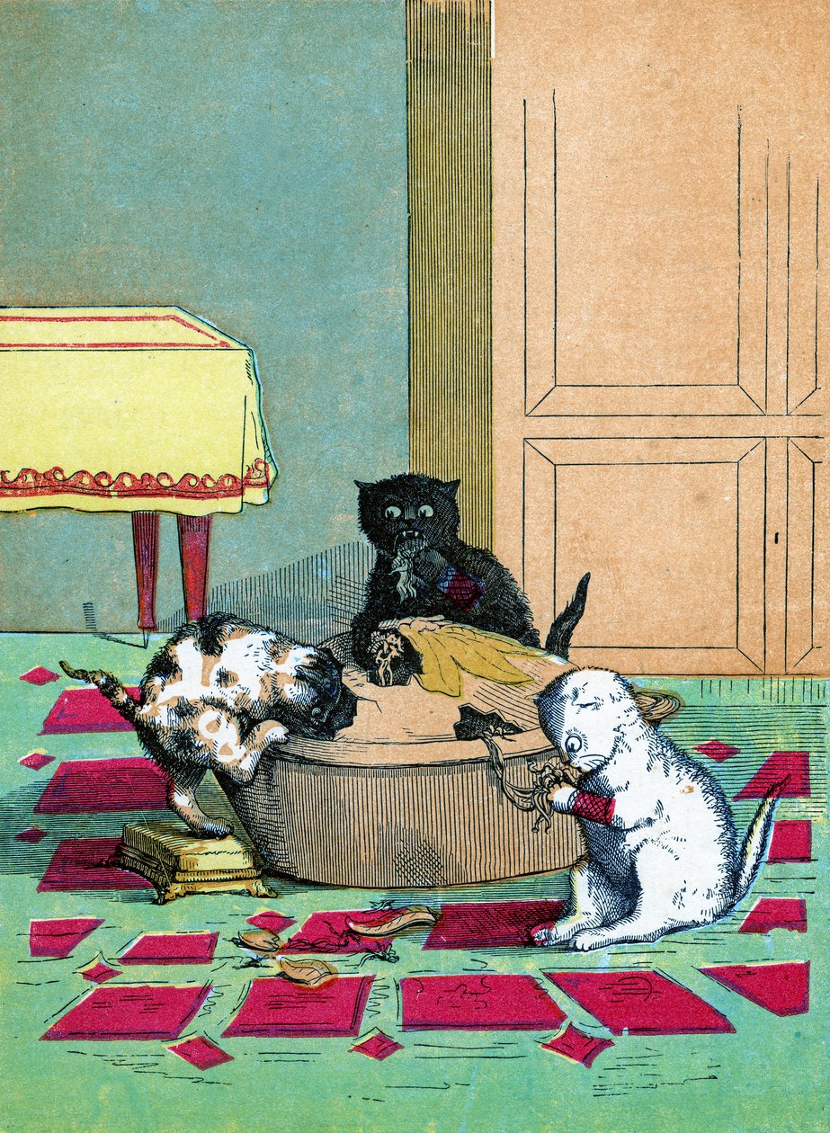 Tre gattini con i guanti che mangiano una torta, illustrazione da "Tre gattini" da John Ballantyne
