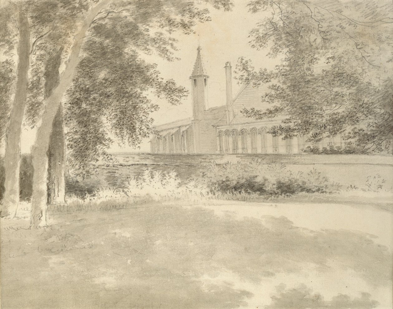 Cappella e biblioteca di Balliol dal boschetto, 2 agosto 1783 da John Baptist Malchair